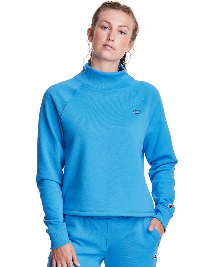 Champion Powerblend Fleece Mock Neck Embroidered Logo Kadın Sweatshirt Mavi ( NRYKGT156 )